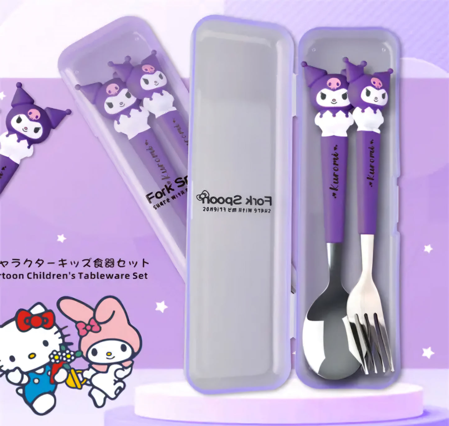 KAWAII THEME STAINLESS STEEL SPOON & FORK SET FOR KIDS