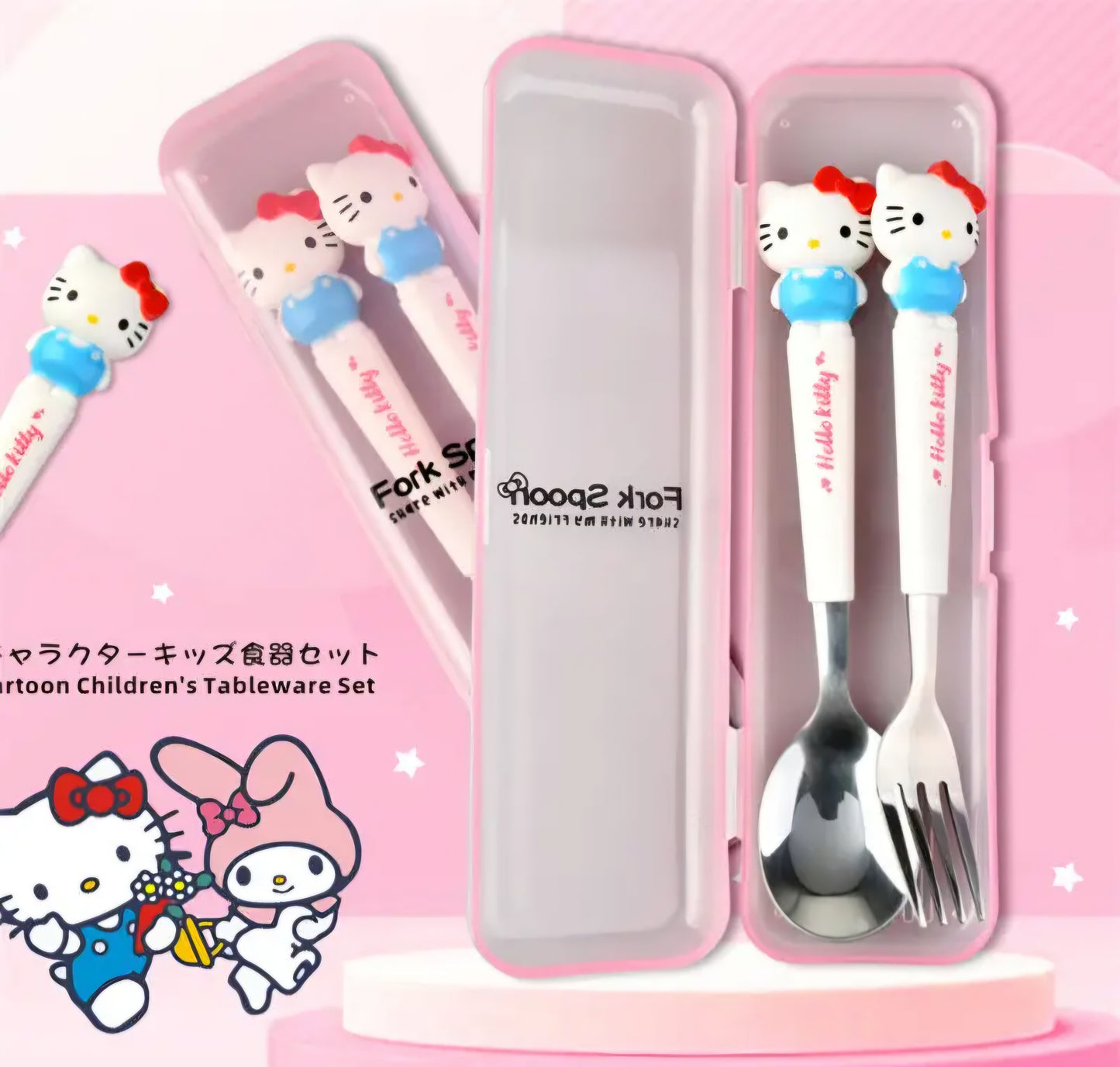 KAWAII THEME STAINLESS STEEL SPOON & FORK SET FOR KIDS