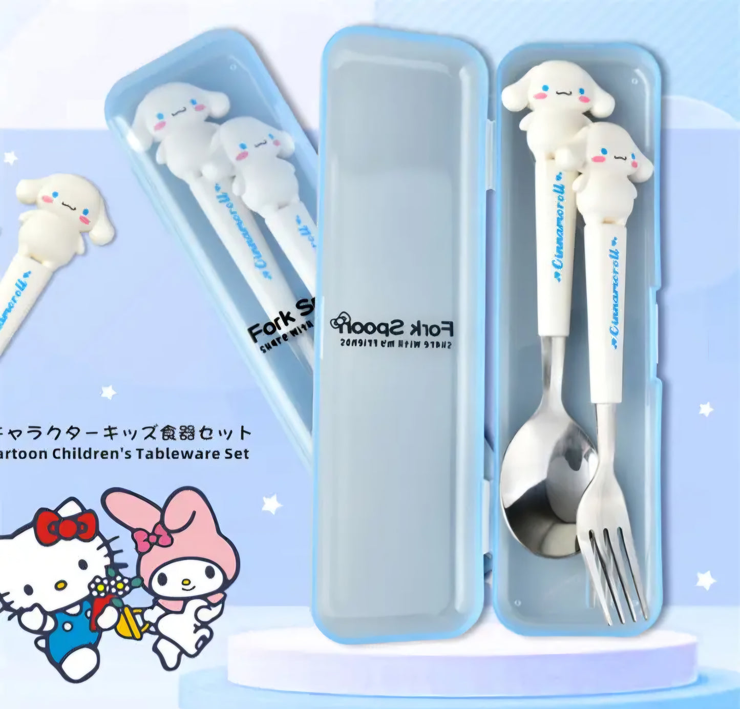 KAWAII THEME STAINLESS STEEL SPOON & FORK SET FOR KIDS