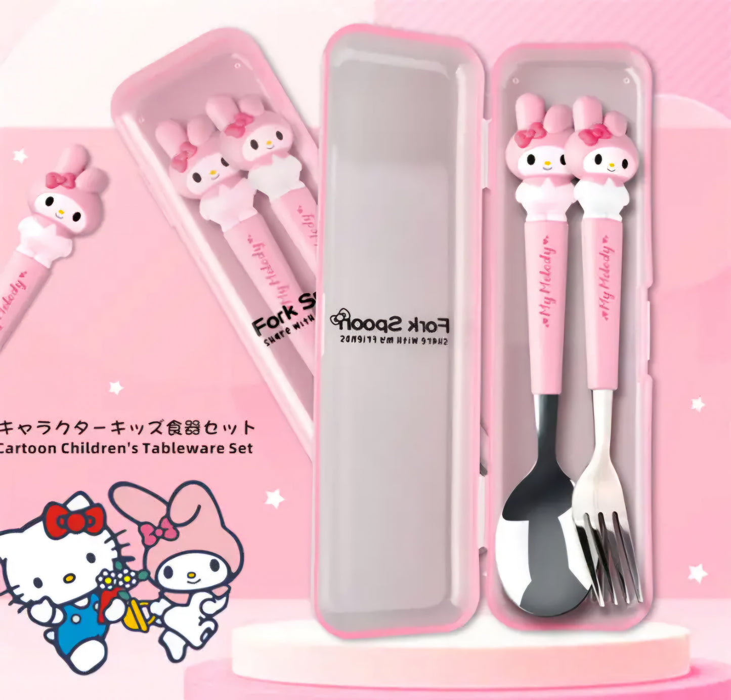 KAWAII THEME STAINLESS STEEL SPOON & FORK SET FOR KIDS